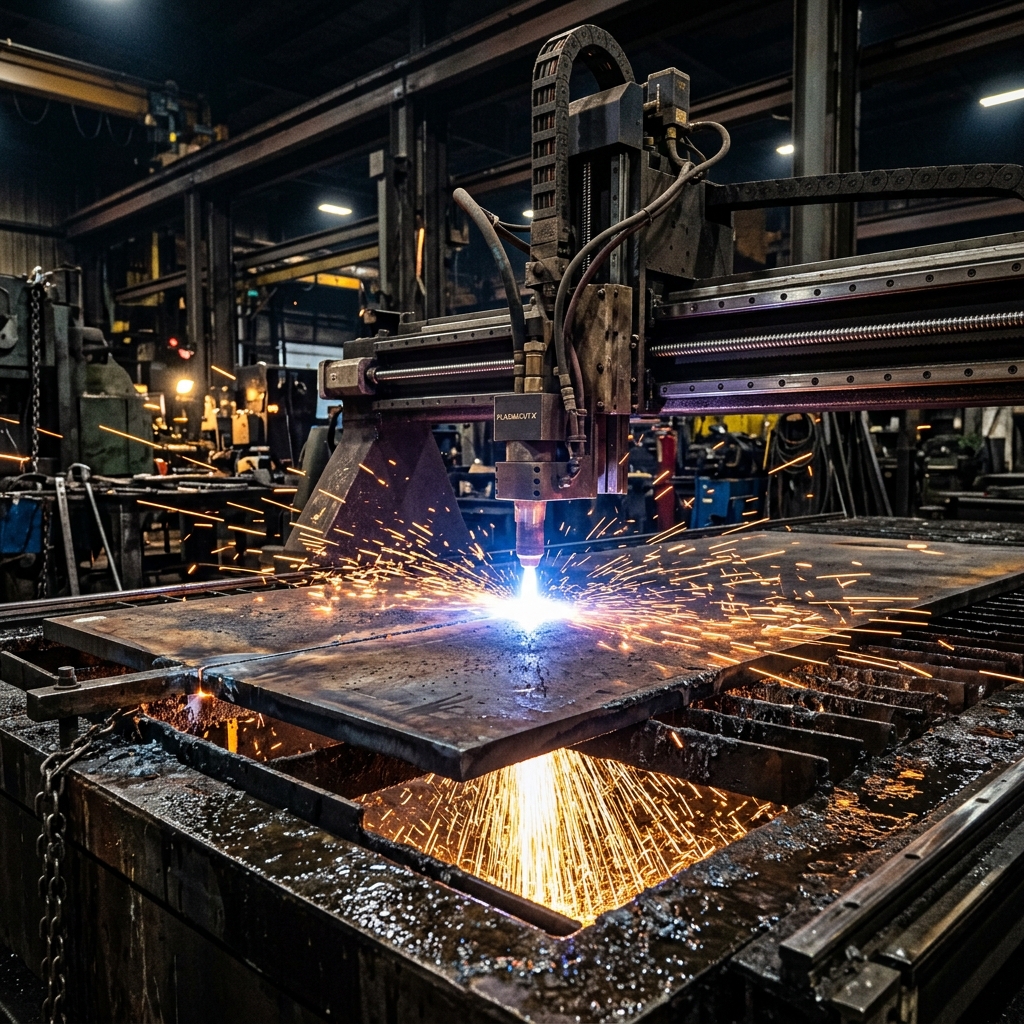 Maquinário CNC de oxicorte de metal com faíscas brilhantes